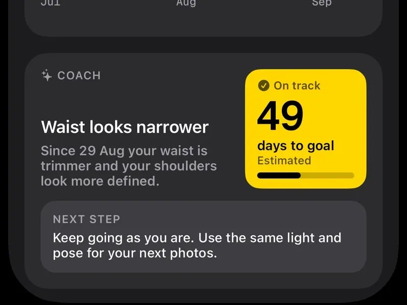 A Coach note in Shapen: waist looks narrower, on track with 49 days to goal, and one next step