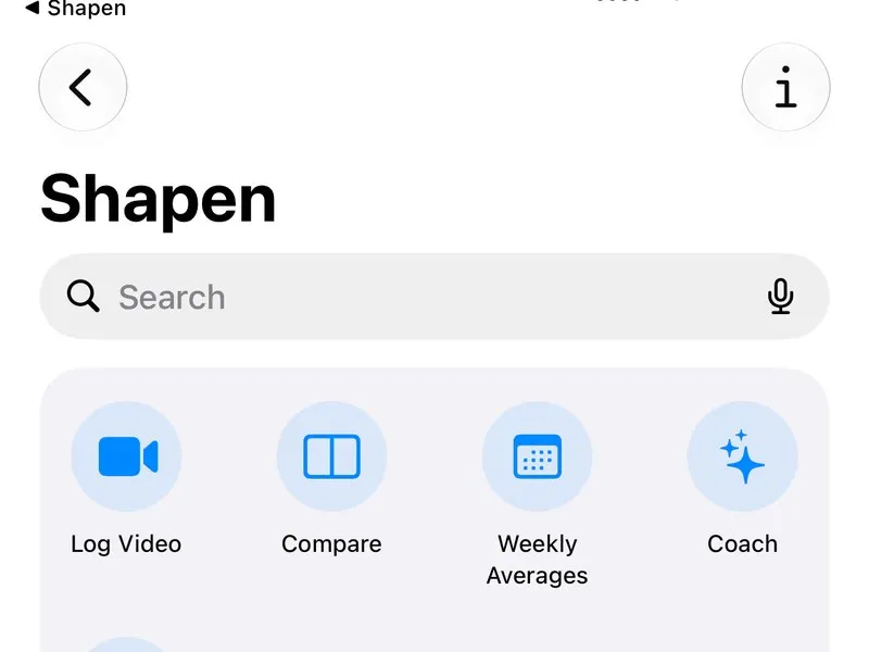 Shapen actions in the Shortcuts app: log video, compare, weekly averages and Coach