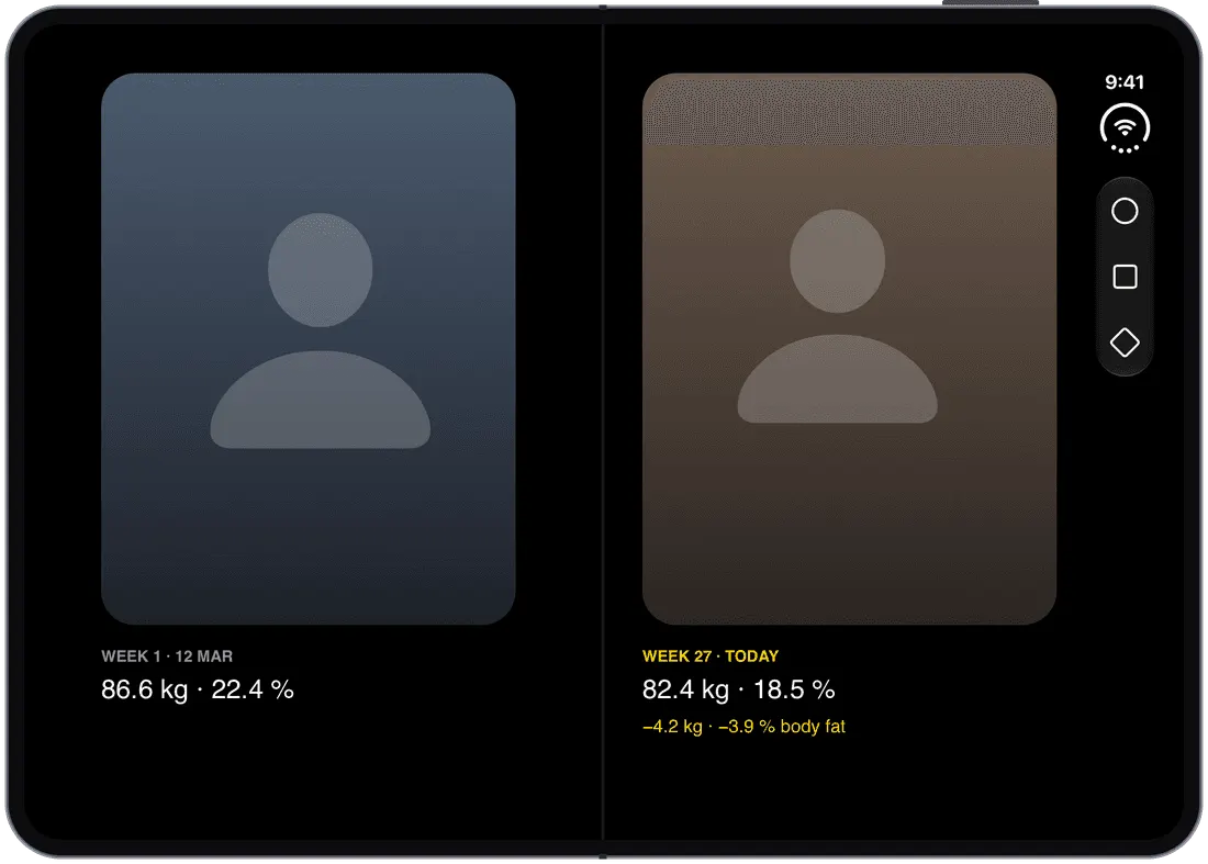 Shapen on iPhone Duo: progress photos with weight and estimated body fat